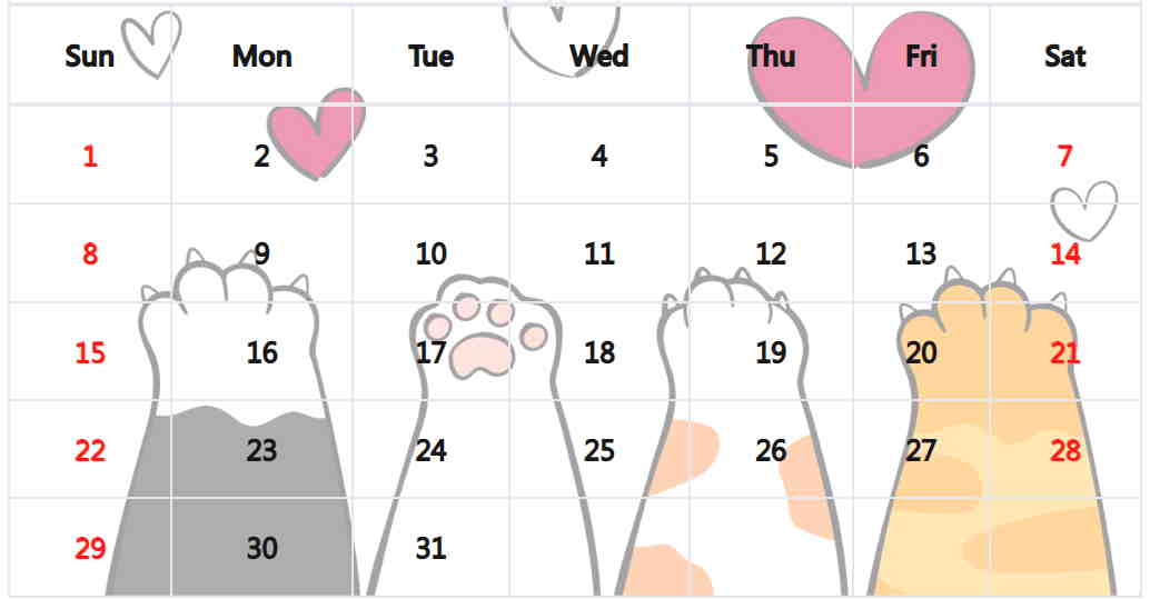貓爪月曆模板