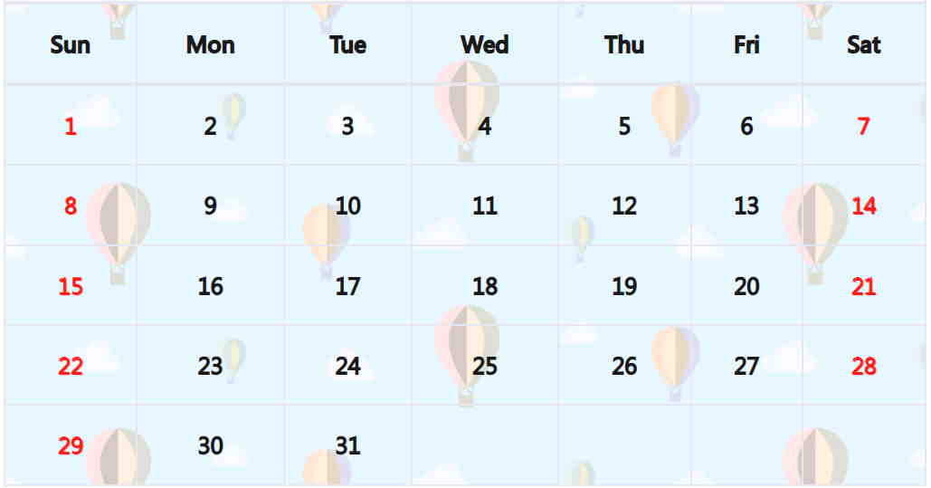 熱氣球月曆範本